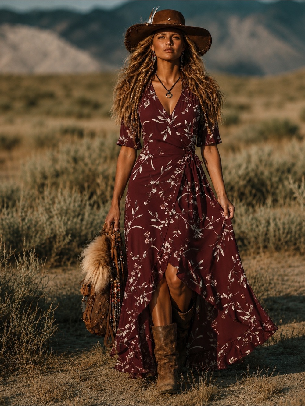 Lulu’s Elegant Burgundy high low Floral Wrap Dress